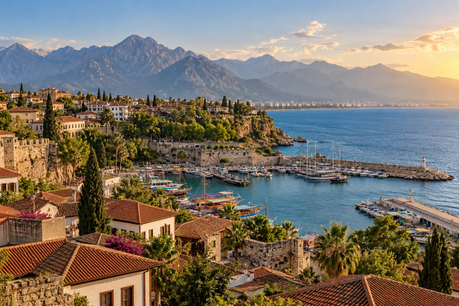 Antalya Kaleiçi, yat limanı ve Akdeniz kıyısının gün batımındaki görünümü